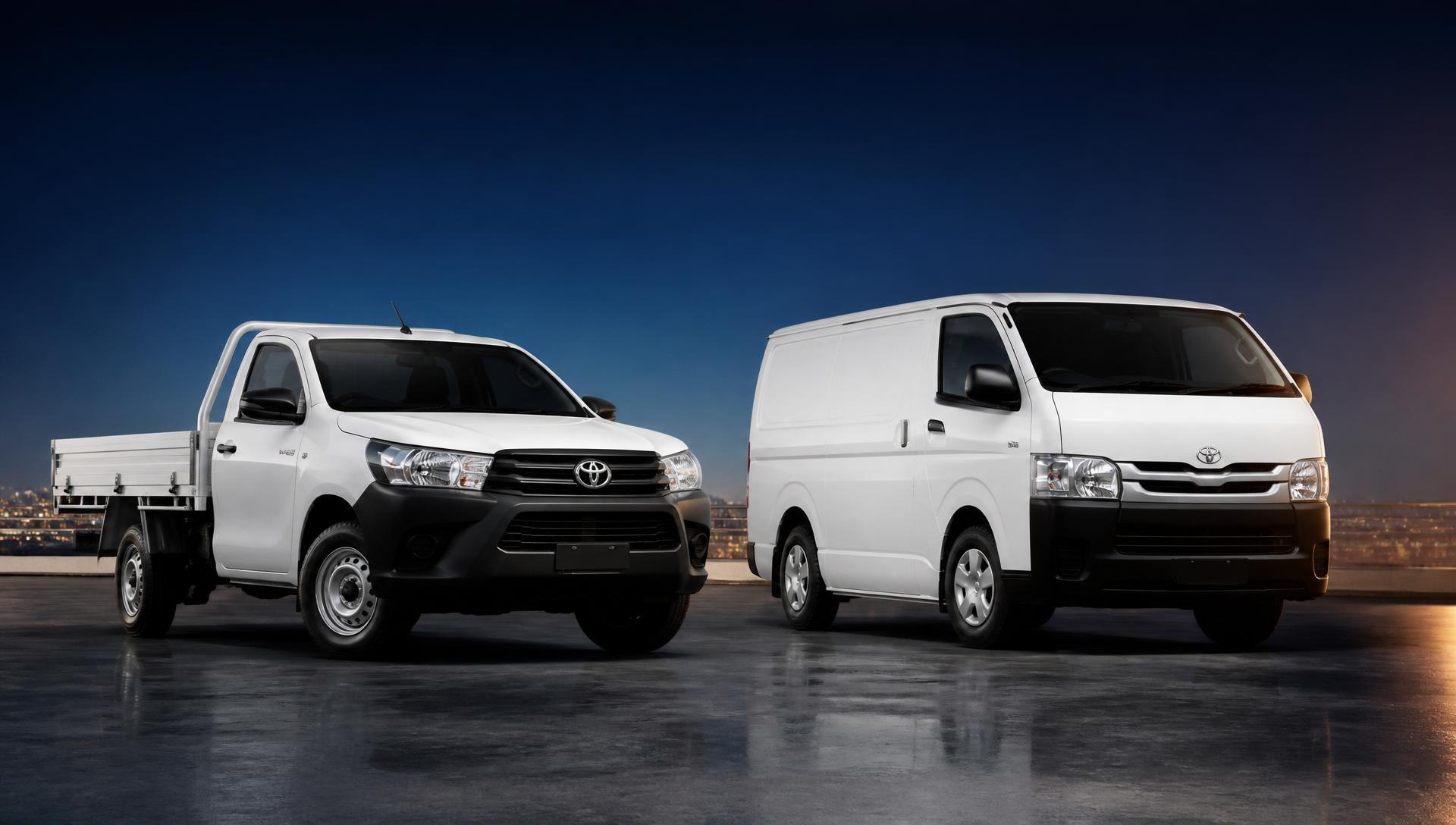 Ute hire and van hire Australia — white Toyota Workmate Ute next to white Toyota HiAce Van